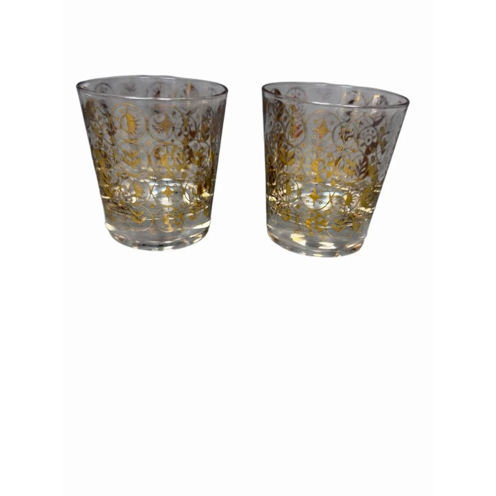 Vintage George Briard Persian Garden Clear Gold Lowball Glasses Set of 2 MCM